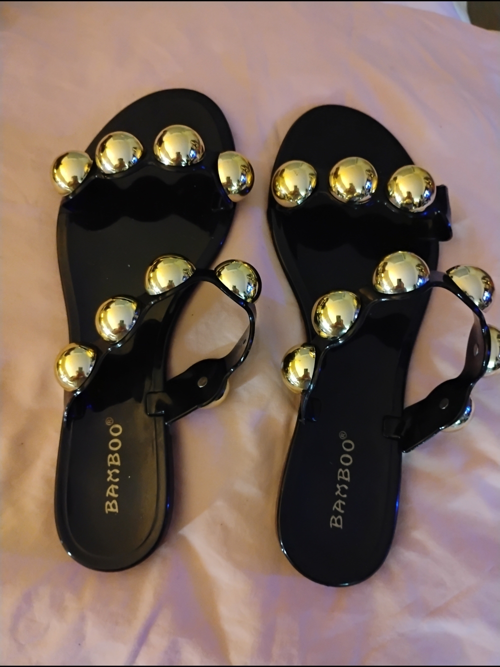 BAMBOO Black Jelly Sandals with Gold Orb Accents